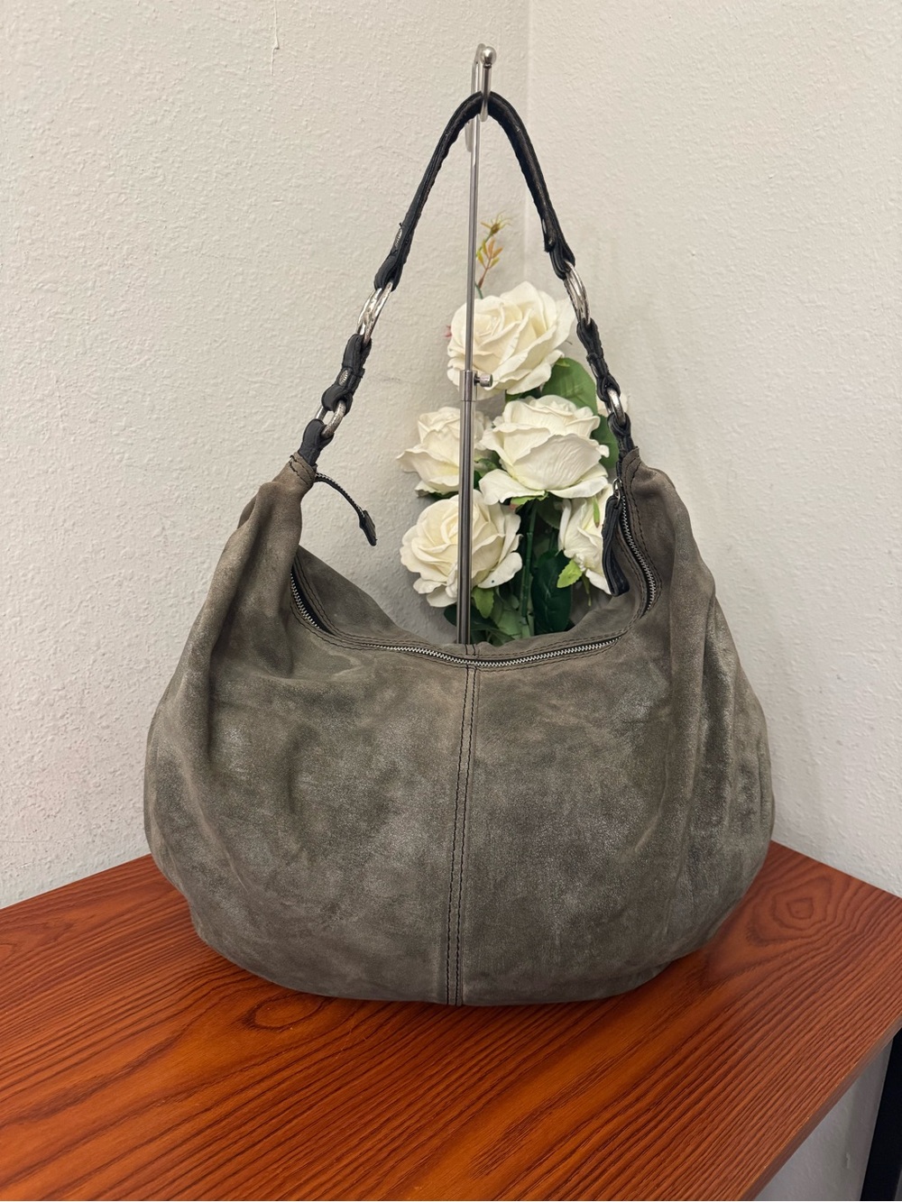 Lucky Brand Olive Gray Suede Hobo with Braided Dark Handle